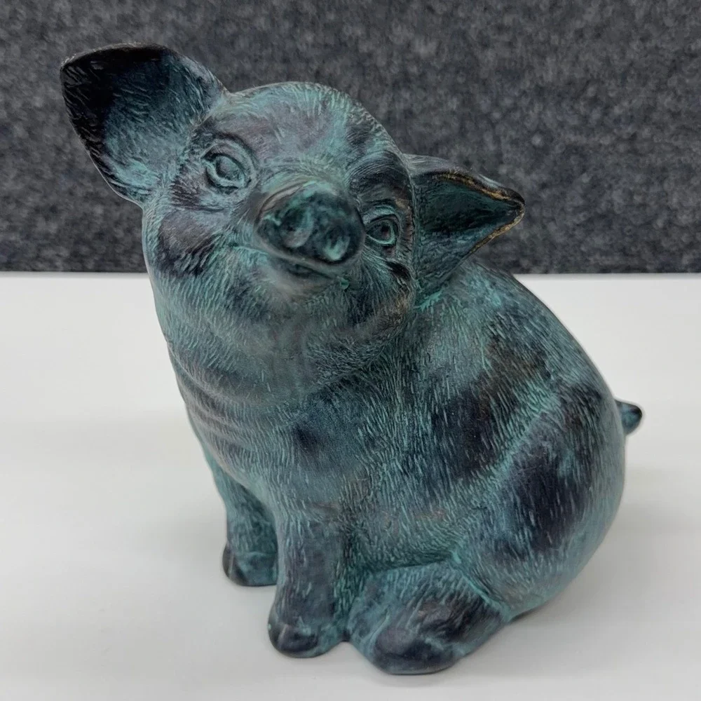 Vintage Style Verdigris Faux Bronze Pig Figurines Set‎ of 2 Farmhouse Decor Teal